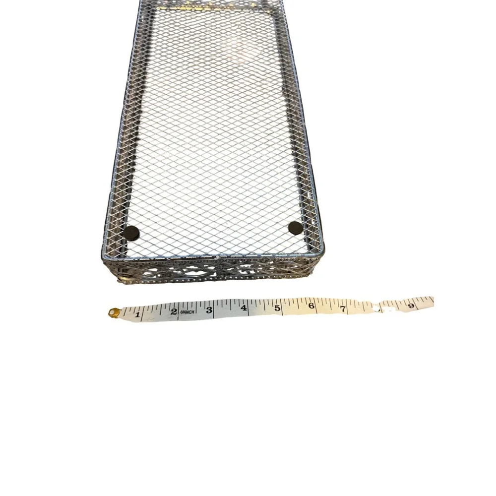 Vintage Silver Tone Mesh Vanity Tray Rectangular Filigree Lattice Organizer